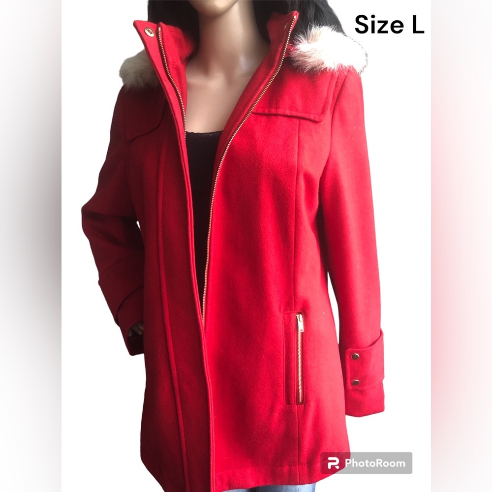New Red Wool Jacket - Hooded with Faux Fur Trim